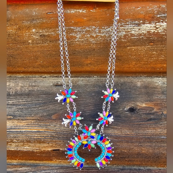 Boutique Unlisted Jewelry - Western Turquoise Squash Blossom Statement Necklace Colorful Stones Silver Chain